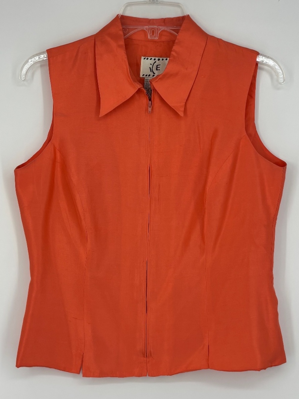 Ice Womens Medium Zip Front Sleeveless Blouse Top Coral Orange 100% Silk Vintage